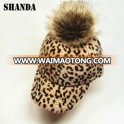 High quality custom made leopard baby baseball cap with fur pom pom