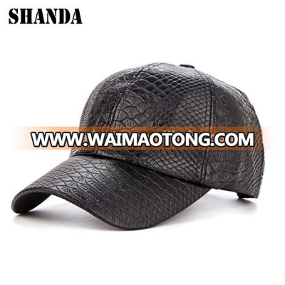 Fashion custom logo black snakeskin leather baseball cap with leather strap