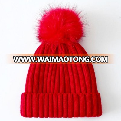 Subtly Knit Bobble fur pom Beanie Hat Ribbed fur pompom Beanie